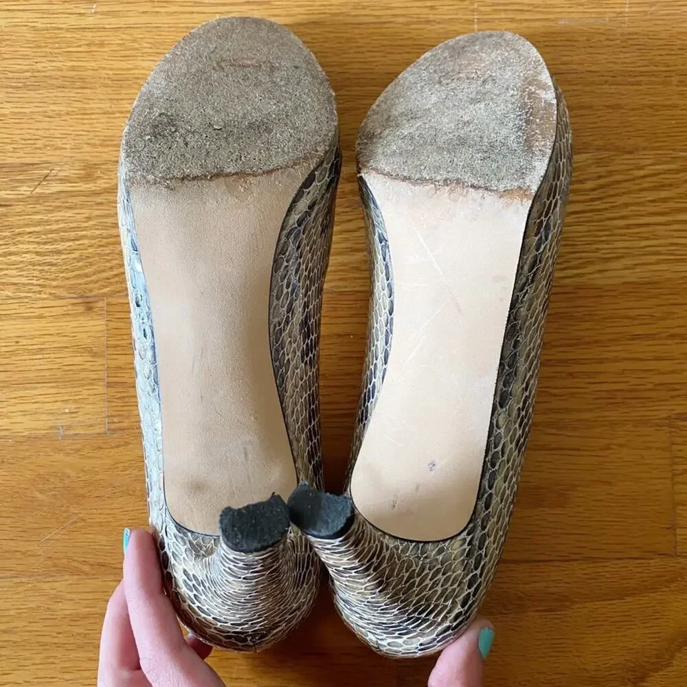 Stuart Weitzman | Plainfield Snake Skin Patent Leather Pumps Peep Toe Tan 7.5 N